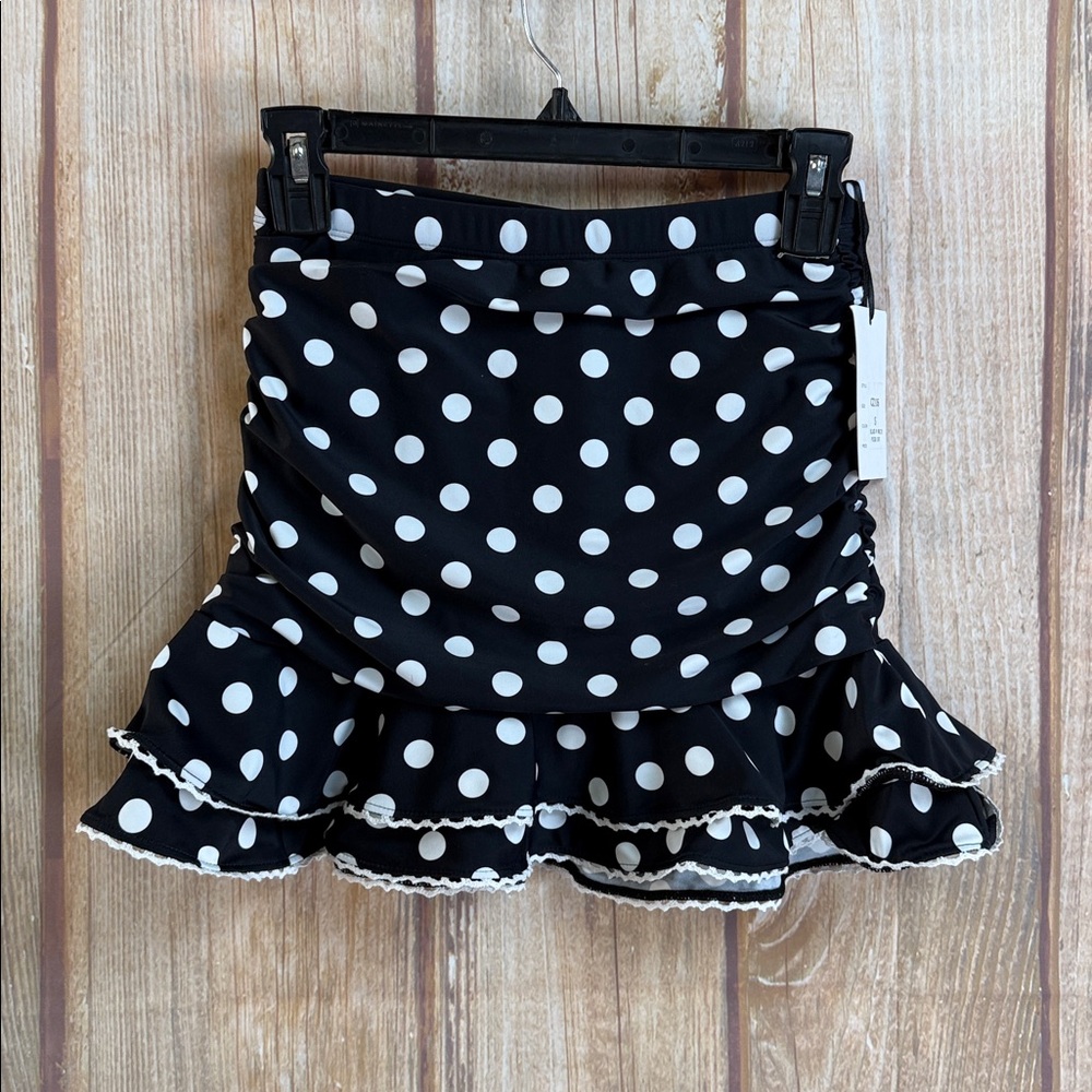 💵NWT Unique Vintage Black White Polka Dot Ruched Ruffle Bikini Bottom Size Small